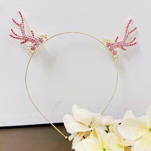 Reindeer Headband, Antlers Hairpiece, Christmas Pink Headpiece, Gold Crown